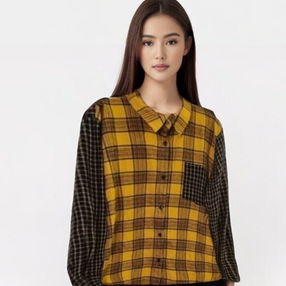 One April Womens Plaid Yellow/black Button down Shirt Grunge West Coast Size M - Picture 1 of 4